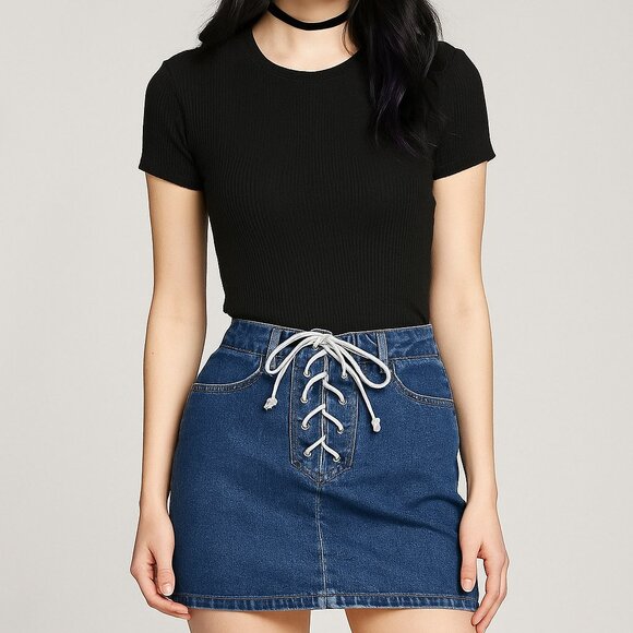 Pacsun Laceup Front Mini Jean Skirt Denim Tie Up - Picture 1 of 9